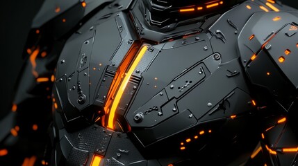 Futuristic 3d illustration of metallic technological plating with black cyber armor design, close-up of sci-fi robot or spaceship surface featuring neon highlights and abstract graphic texture in the 