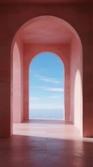 Fototapeta premium Pink Arched Doorway Framing a Serene Sky and Horizon