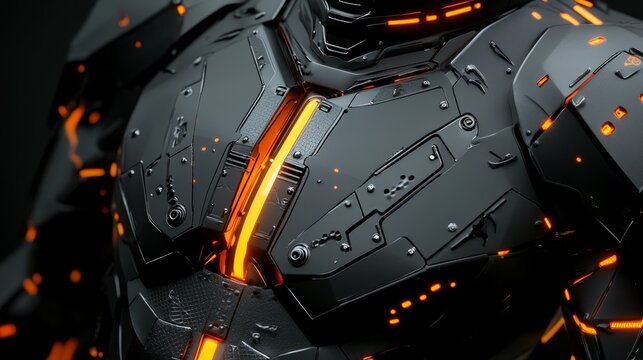 Futuristic 3d illustration of metallic technological plating with black cyber armor design, close-up of sci-fi robot or spaceship surface featuring neon highlights and abstract graphic texture in the 
