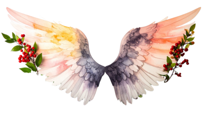 Watercolor angel wings with foliage and red berries isolated on solid white background Png form
