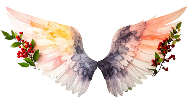 Watercolor angel wings with foliage and red berries isolated on solid white background Png form