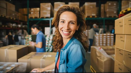 Volunteer organizing donated goods in a busy warehouse for humanitarian aid and community support. - Powered by Adobe
