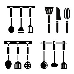 Collection of kitchen utensils vector illustrations featuring cooking tools, cutlery, and cookware, perfect for culinary and household projects.