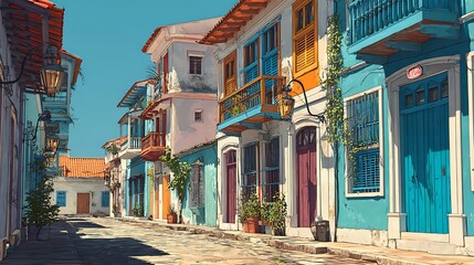 Fototapeta premium A colorful street scene with buildings in various shades of blue orange and white on a sunny day outdoors