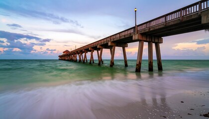 Obraz premium A tranquil seascape with a pier at sunrise.