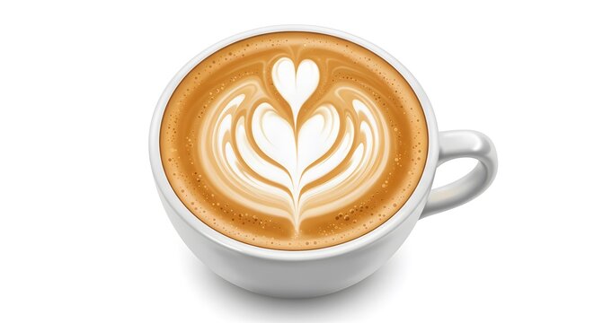 White cup of coffee with creamy heart-shaped latte art, isolated on a clean white background.