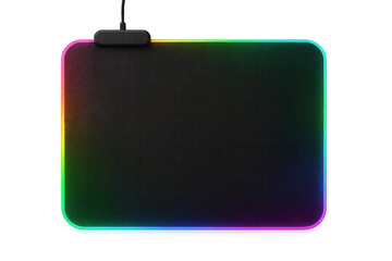 Black mousepad with illuminating rgb lights, creating a colorful glow, perfect for enhancing gaming setups