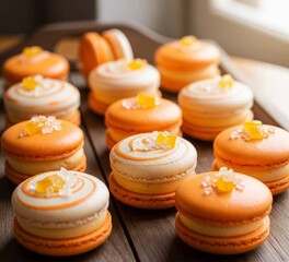colorful macaroons on a wooden table
