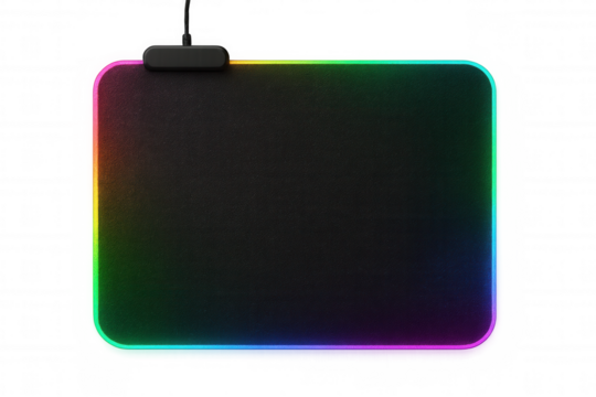 Black mousepad with illuminating rgb lights, creating a colorful glow, perfect for enhancing gaming setups