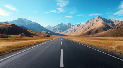 Fototapeta premium Car Advertisement Background Image of the Road Ahead at the Foot of High Mountains