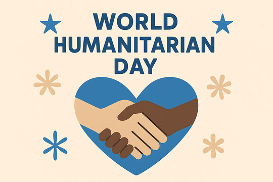 World humanitarian day poster with handshake and heart illustration promoting unity kindness and global compassion design - Powered by Adobe