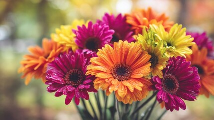 Obraz premium A vibrant bouquet of bright orange, yellow, pink, and dark red flowers with daisy-like petals and dark centers,