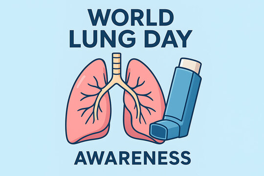 World lung day awareness with lungs and inhaler illustration on blue background, respiratory health campaign concept