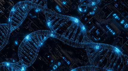 Seamless futuristic texture featuring glowing digital DNA double helix intertwined with circuit board patterns, concept of biotechnology, artificial intelligence, and genetic engineering.