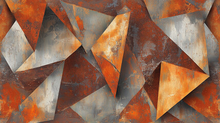 Seamless abstract texture in the style of Art Deconstructivism, angular rusty metallic fragments with distressed surfaces, industrial geometric background.