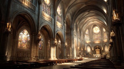 Interior view of a grand cathedral featuring stained glass windows and rows of wooden pews and archways