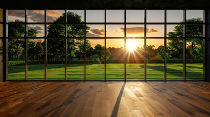Fototapeta premium Beautiful sunset view through large glass windows showcases vibrant green landscape with trees and well maintained lawn. warm sunlight creates serene and inviting atmosphere