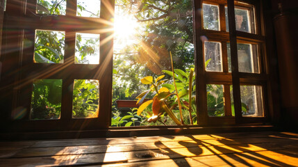 Sunlight streams through wooden window, illuminating vibrant green garden filled with lush plants and warm wooden flooring, creating serene and inviting atmosphere