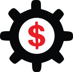 Black gear symbol with a red dollar sign inside a white circle representing financial operations and business mechanics