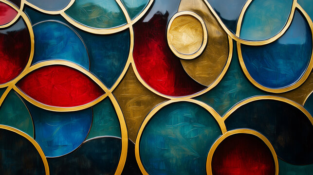 Seamless abstract stained glass texture with golden frames, glossy lacquer finish, and vivid red, teal, and gold tones.