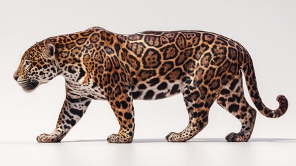 Fototapeta premium A majestic jaguar strides across a stark white backdrop, its powerful build and intricate coat showcased in profile. The lighting highlights the details of its spots and muscular physique