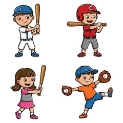 Cute baseball kids playing baseball, vector illustration, sport, cartoon style