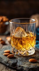 Whiskey served on the rocks with almonds nearby