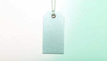A blank, light blue shining metal gift tag mockup with a string attached, elegantly hanging against clean, two-toned background, perfect for product labeling, branding, Creative design presentations