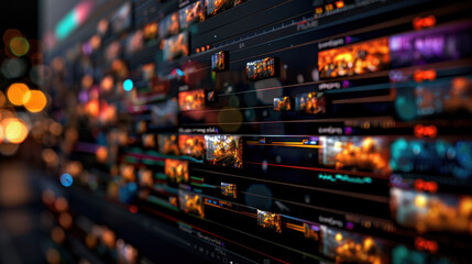 Digital editing timeline showcasing vibrant clips and images, illustrating creative process of video production. colorful interface highlights various media elements, evoking sense of innovation