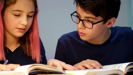 Teens studying together indoors, focused on books - Powered by Adobe