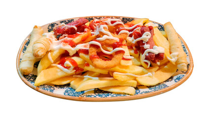 isolated snack plate of chips, sausages and onion rings