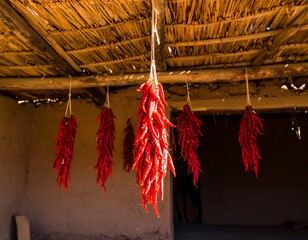 Dried red peppers hanging in a rustic structure