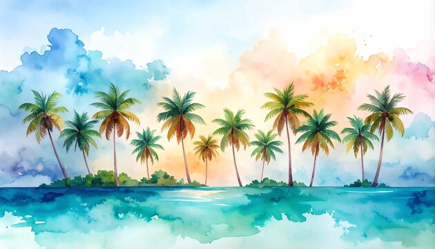 A beautiful, whimsical watercolor painting of a tropical island with lush palm trees, set against a dreamy, colorful sky with splashes of blue, orange, yellow, and pink