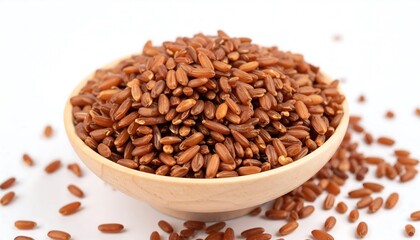 Fototapeta premium Brown rice grains in a wooden bowl.