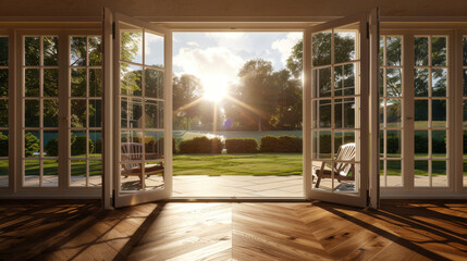 Beautiful view of sunlit garden through open French doors, showcasing serene outdoor space with wooden chairs and lush greenery. warm sunlight creates peaceful atmosphere