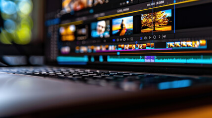 Editing software interface displayed laptop screen, showcasing timeline with video clips and audio tracks. vibrant colors and organized layout create engaging atmosphere for video editing