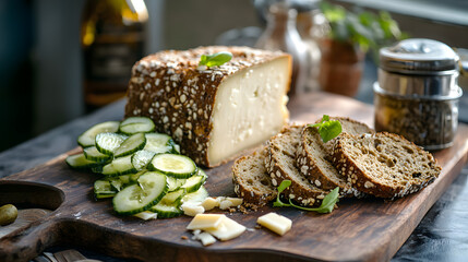 Sliced Rye Bread with Cucumber and Soft Cheese on a Wooden Cutting Board