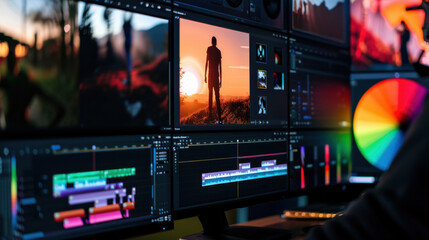 Creative video editing workspace with multiple monitors displaying vibrant visuals and editing software. scene captures essence of digital artistry and innovation in film production