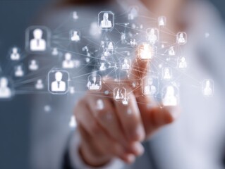 Fototapeta premium Human resource management technology (HR), Human resource manager touching human resource network structure and checks the CV online to choose the perfect employee for company, Effective recruitment.