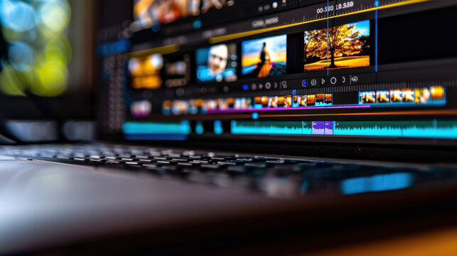 Editing software interface displayed laptop screen, showcasing timeline with video clips and audio tracks. vibrant colors and organized layout create engaging atmosphere for video editing