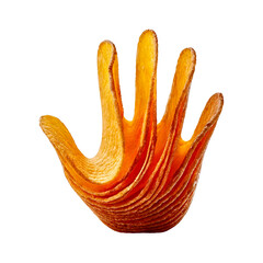 Hand made from stacked golden potato chips, crisp and textured, floating on a white background with a soft shadow, playful and appetizing.