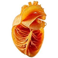 Heart made from stacked golden potato chips, crisp and textured, floating on a white background with a soft shadow, playful and appetizing.