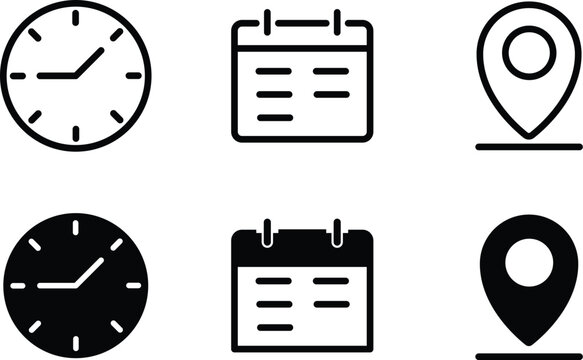 time location calendar icon set.  Address, notification bell. clock sign. location pin signs. Calendar icon symbol. Location place, date reminder. Vector
