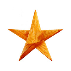 Star made from stacked golden potato chips, crisp and textured, floating on a white background with a soft shadow, playful and appetizing.