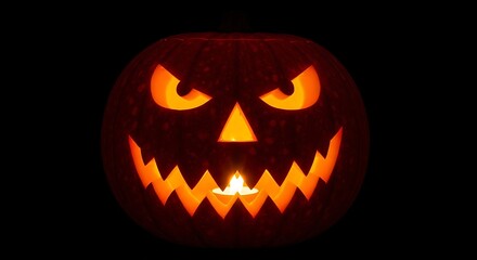 Fototapeta premium Glowing Jack-o'-Lantern with Carved Face on Dark Background, Spooky Halloween Pumpkin Decoration with Candlelight for Festive Celebrations and Autumn Holiday Themes