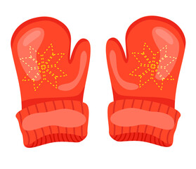 Red mittens. Knitted mittens flat style clip art. Snowflakes on mittens