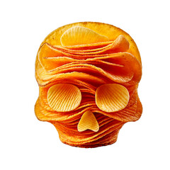 Skull made from stacked golden potato chips, crisp and textured, floating on a white background with a soft shadow, playful and appetizing.