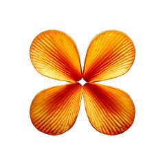 Flower made from stacked golden potato chips, crisp and textured, floating on a white background with a soft shadow, playful and appetizing.