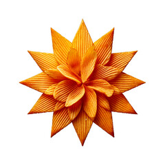 Star made from stacked golden potato chips, crisp and textured, floating on a white background with a soft shadow, playful and appetizing.