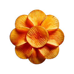 Flower made from stacked golden potato chips, crisp and textured, floating on a white background with a soft shadow, playful and appetizing.